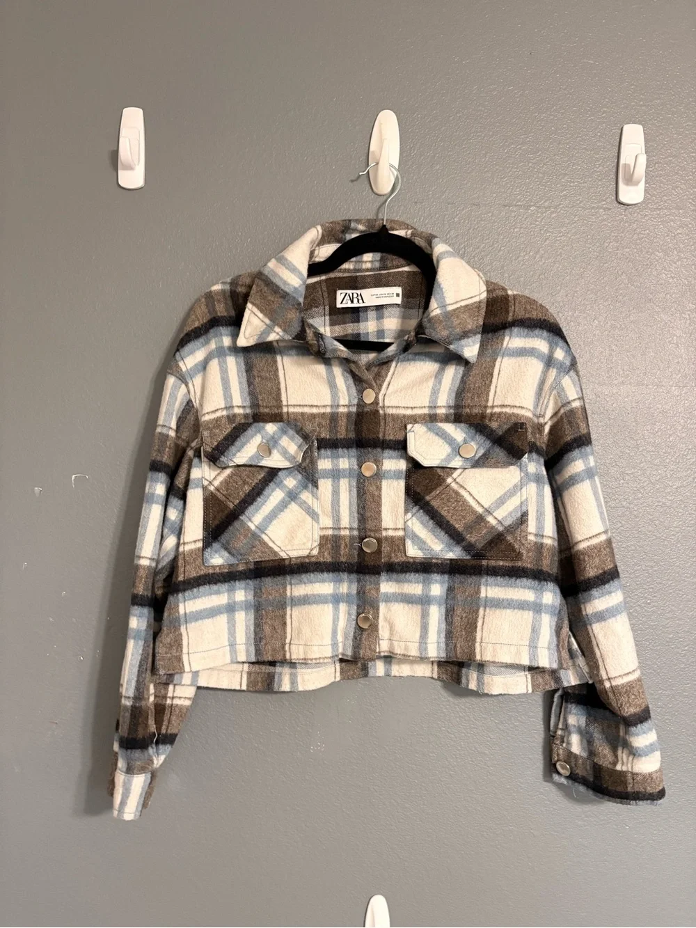 Zara Plaid Cropped Shacket Jacket Blue Brown Cream Women’s XS